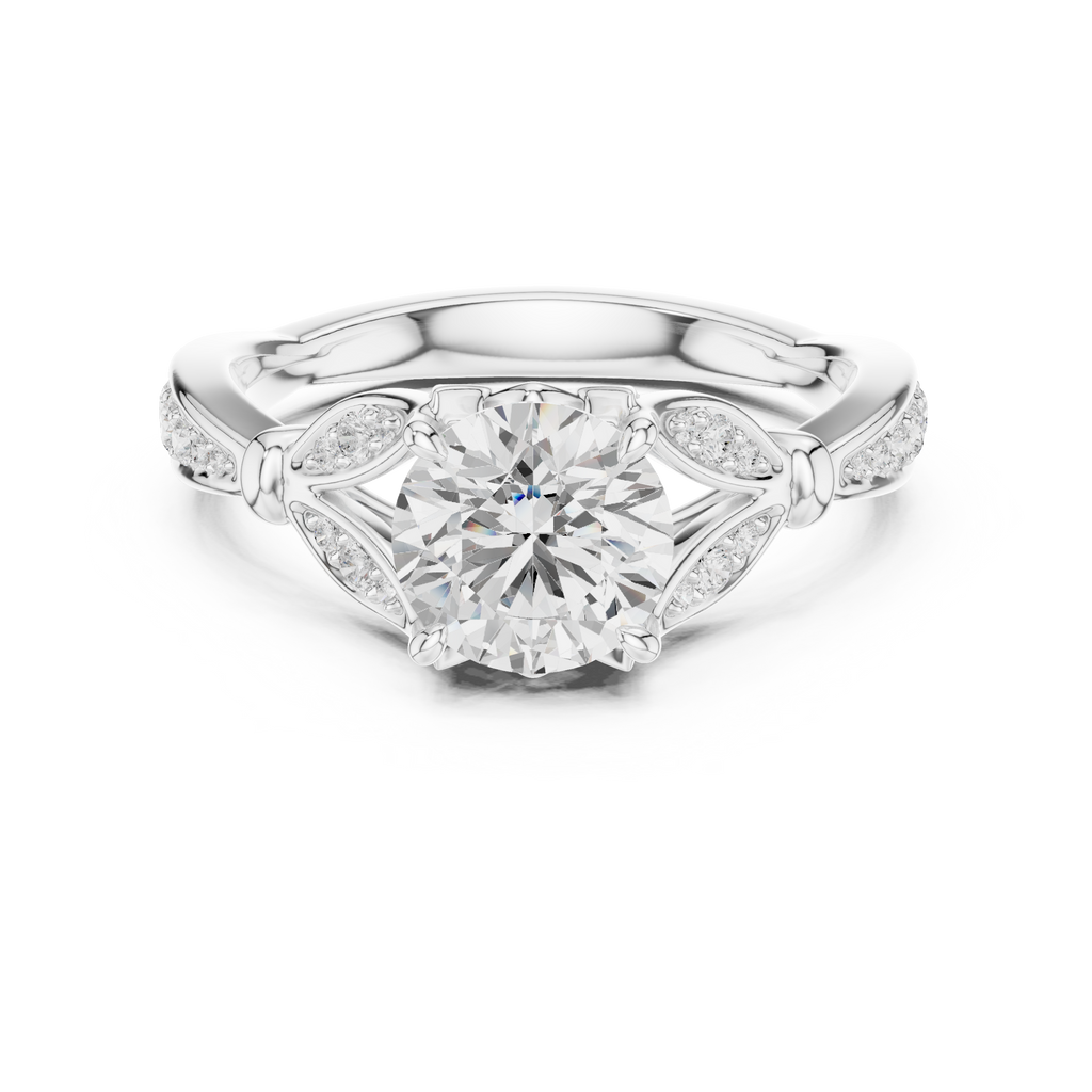 Vintage Round Cut Diamond Engagement Ring with Leaf Gallery