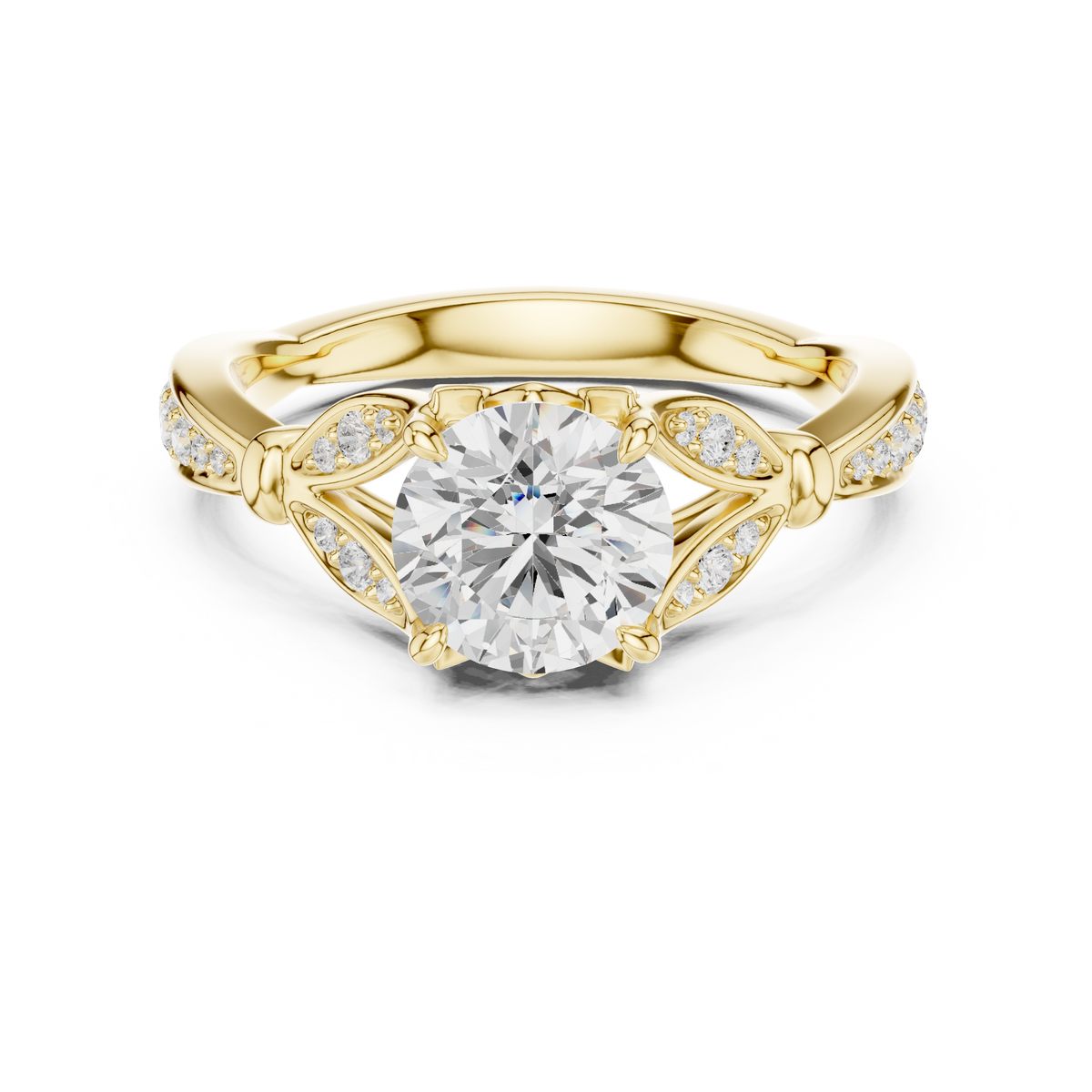 Vintage Round Cut Diamond Engagement Ring with Leaf Gallery – view 9 of 12, lab grown diamond ring | Jewelix Atelier