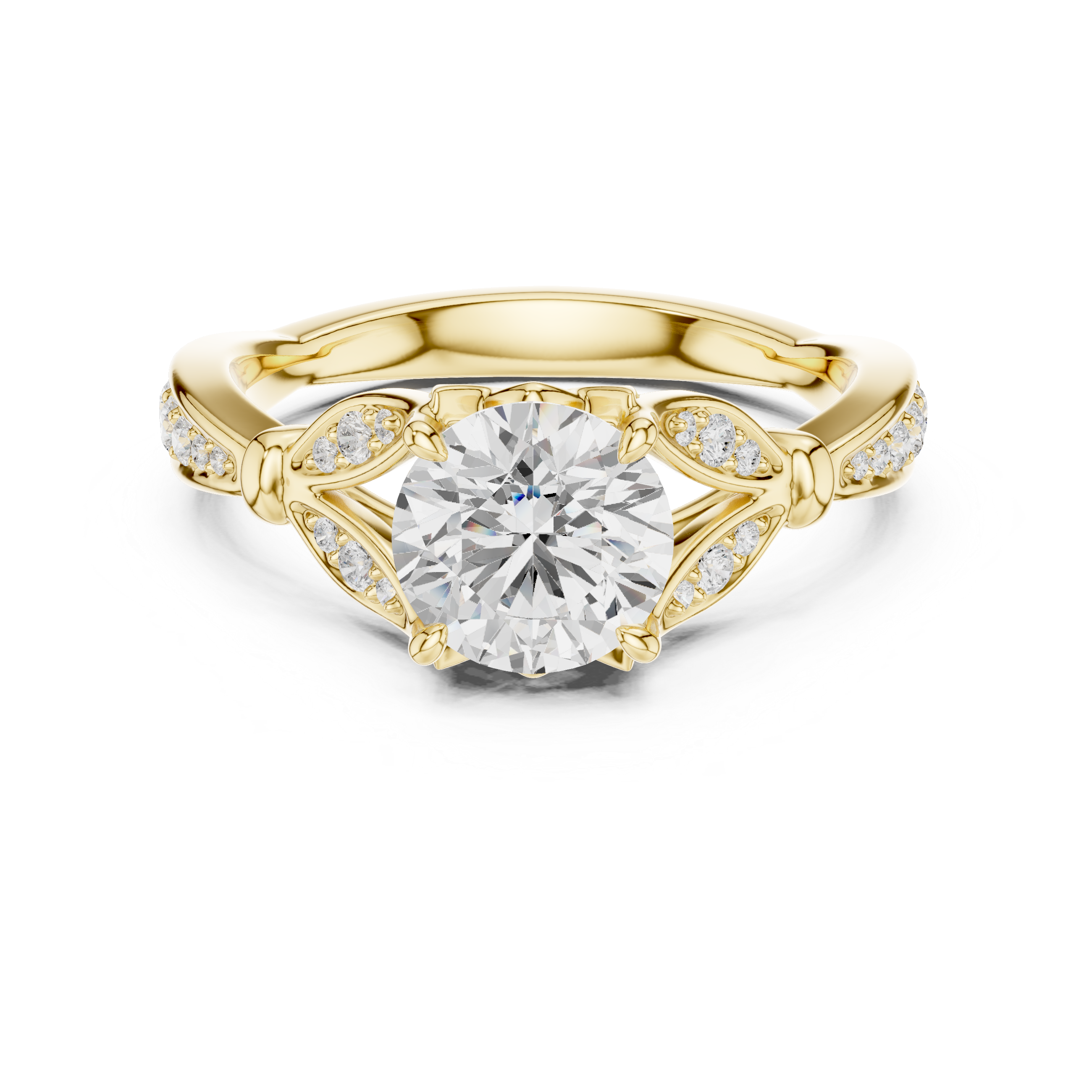 Vintage Round Cut Diamond Engagement Ring with Leaf Gallery