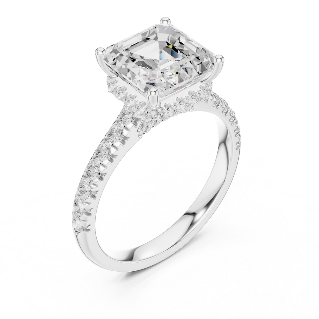 3.67 CT Asscher Cut Diamond Hidden Halo Pavé Engagement Ring