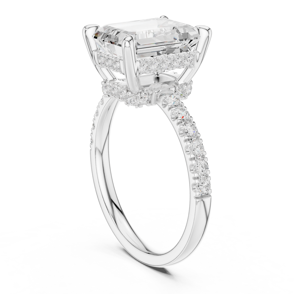 4.60 CT Emerald Cut Hidden Halo Pavé Diamond Engagement Ring