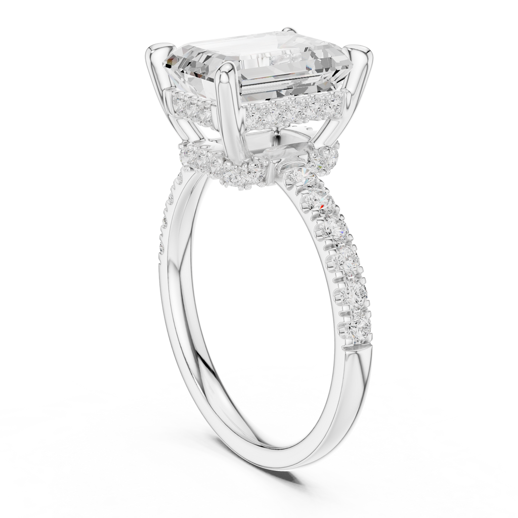 4.60 CT Emerald Cut Hidden Halo Pavé Diamond Engagement Ring