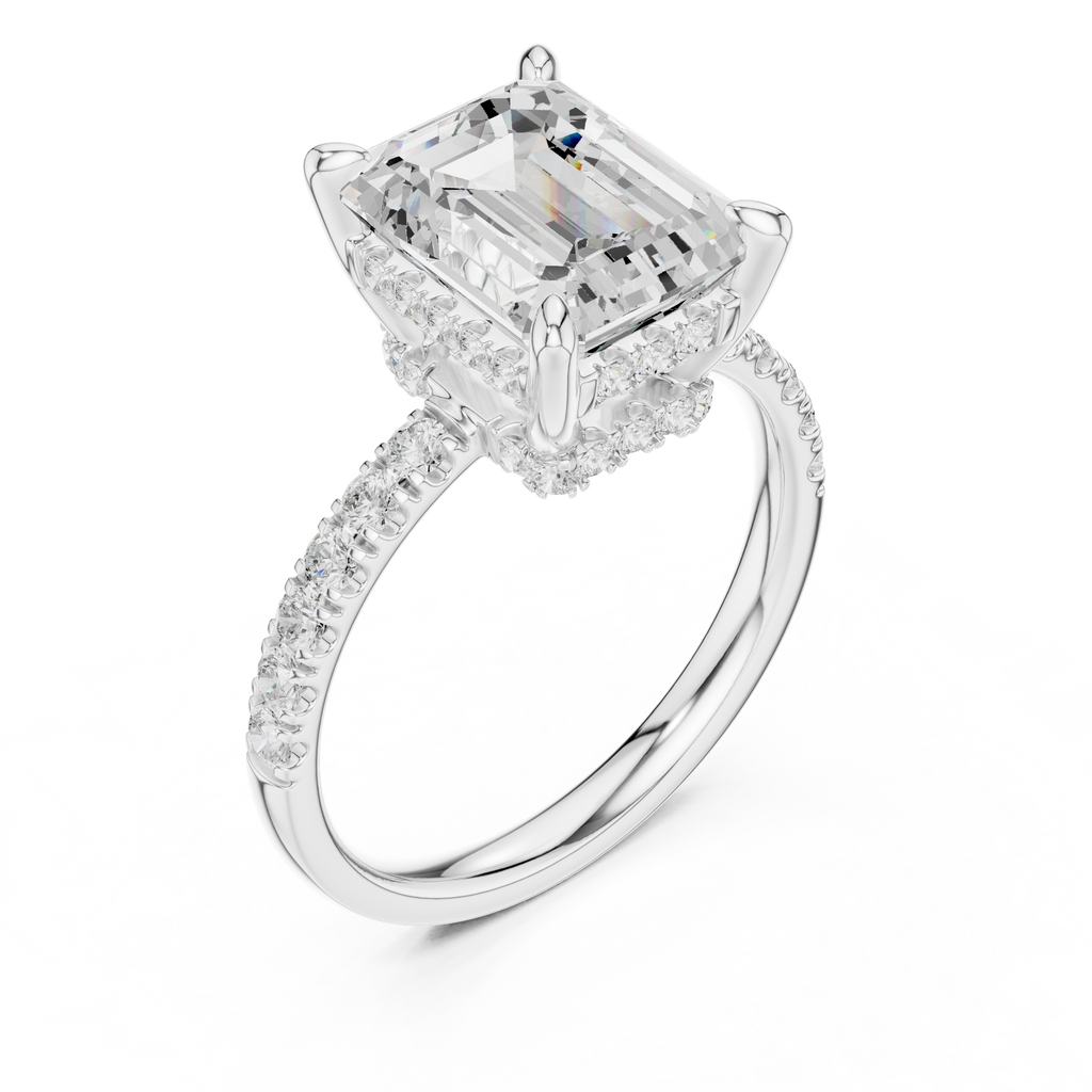 4.60 CT Emerald Cut Hidden Halo Pavé Diamond Engagement Ring