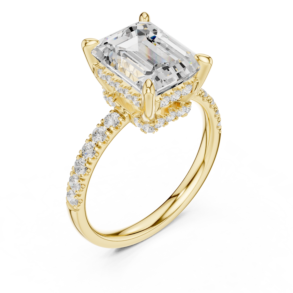 4.60 CT Emerald Cut Hidden Halo Pavé Diamond Engagement Ring