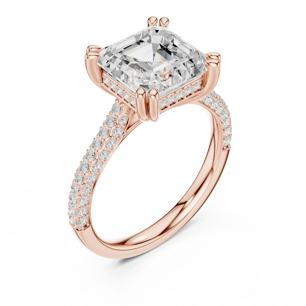 Asscher Cut Hidden Halo Diamond Engagement Ring with Double Pavé Band