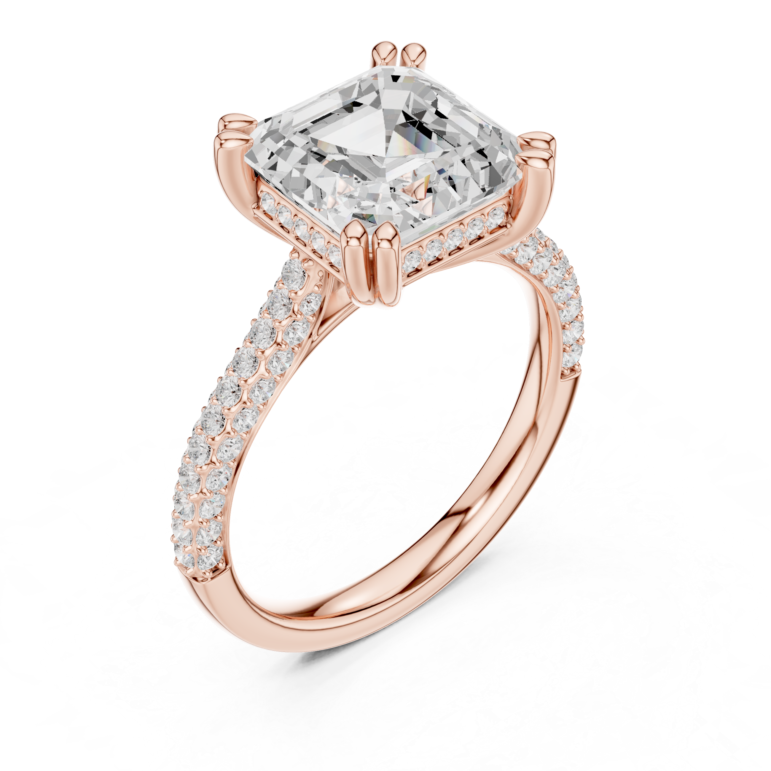 Asscher Cut Hidden Halo Diamond Engagement Ring with Double Pavé Band