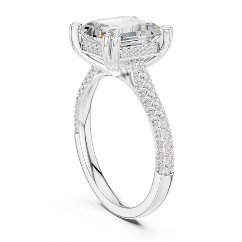 Asscher Cut Hidden Halo Diamond Engagement Ring with Double Pavé Band