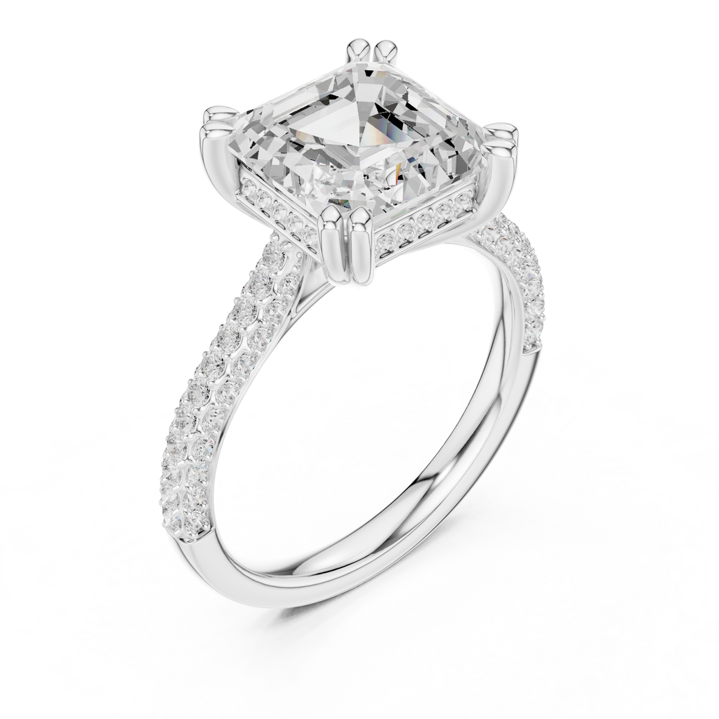 Asscher Cut Hidden Halo Diamond Engagement Ring with Double Pavé Band