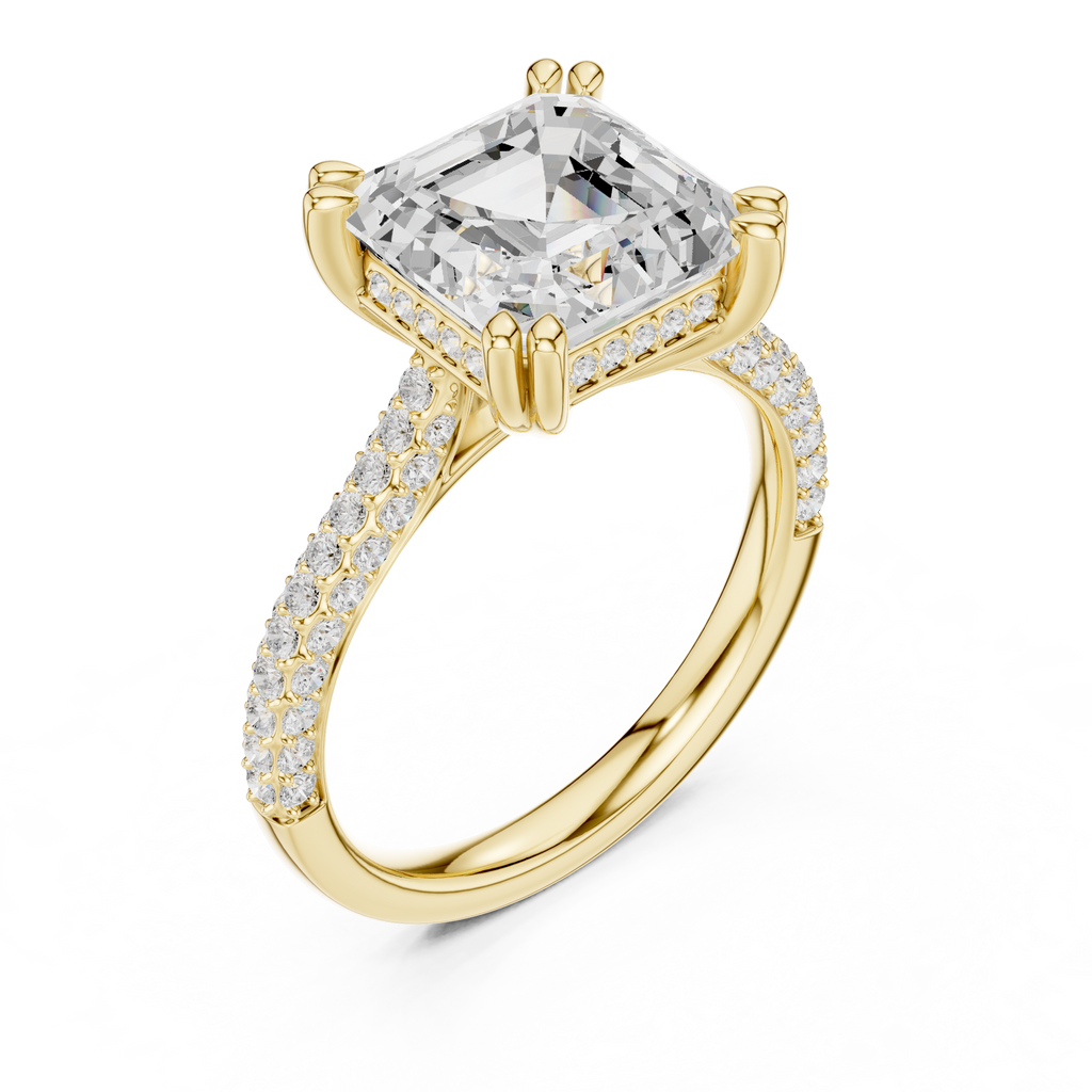 Asscher Cut Hidden Halo Diamond Engagement Ring with Double Pavé Band