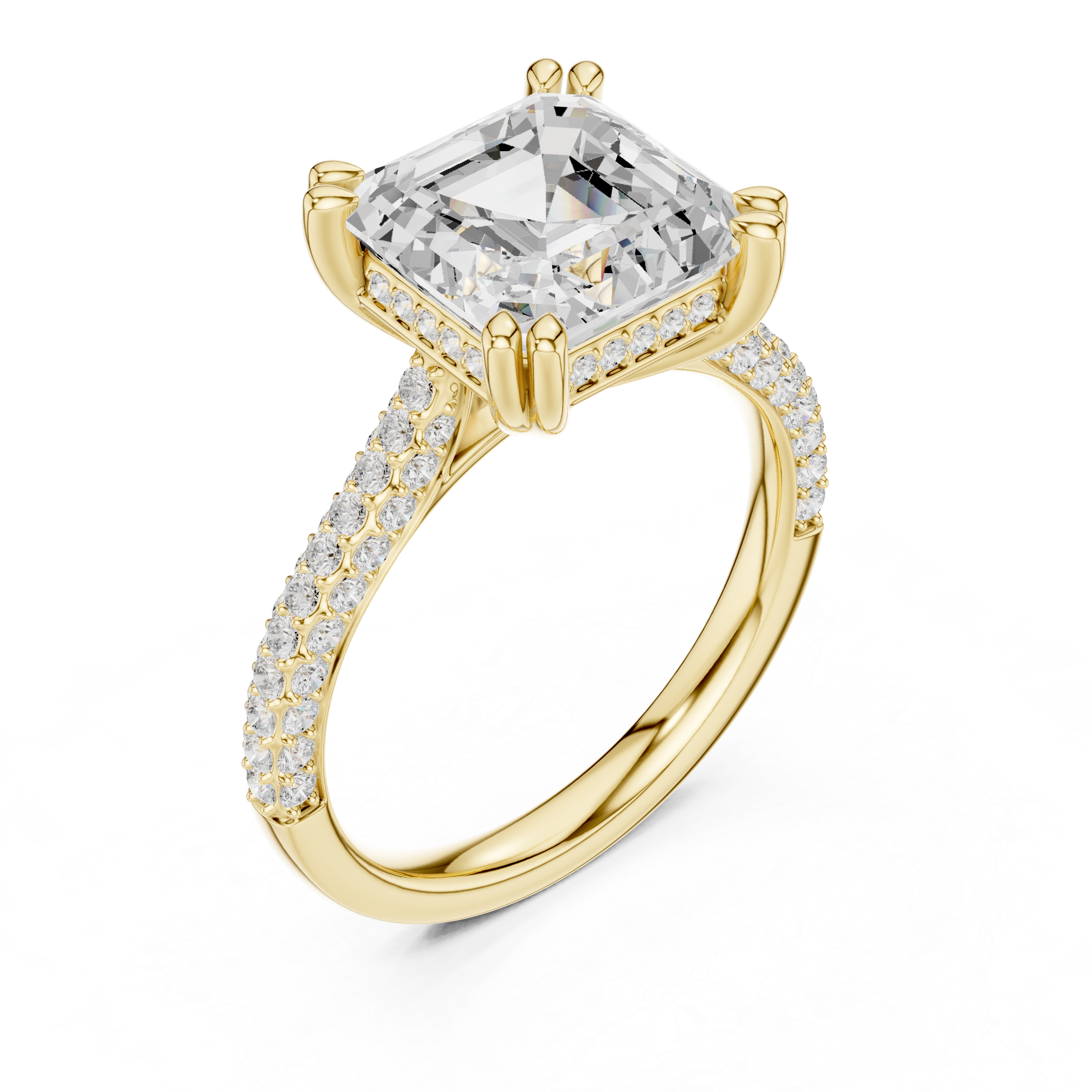 Asscher Cut Hidden Halo Diamond Engagement Ring with Double Pavé Band
