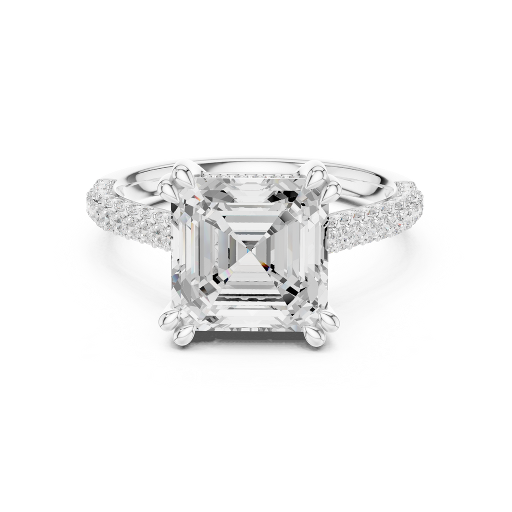 Asscher Cut Hidden Halo Diamond Engagement Ring with Double Pavé Band