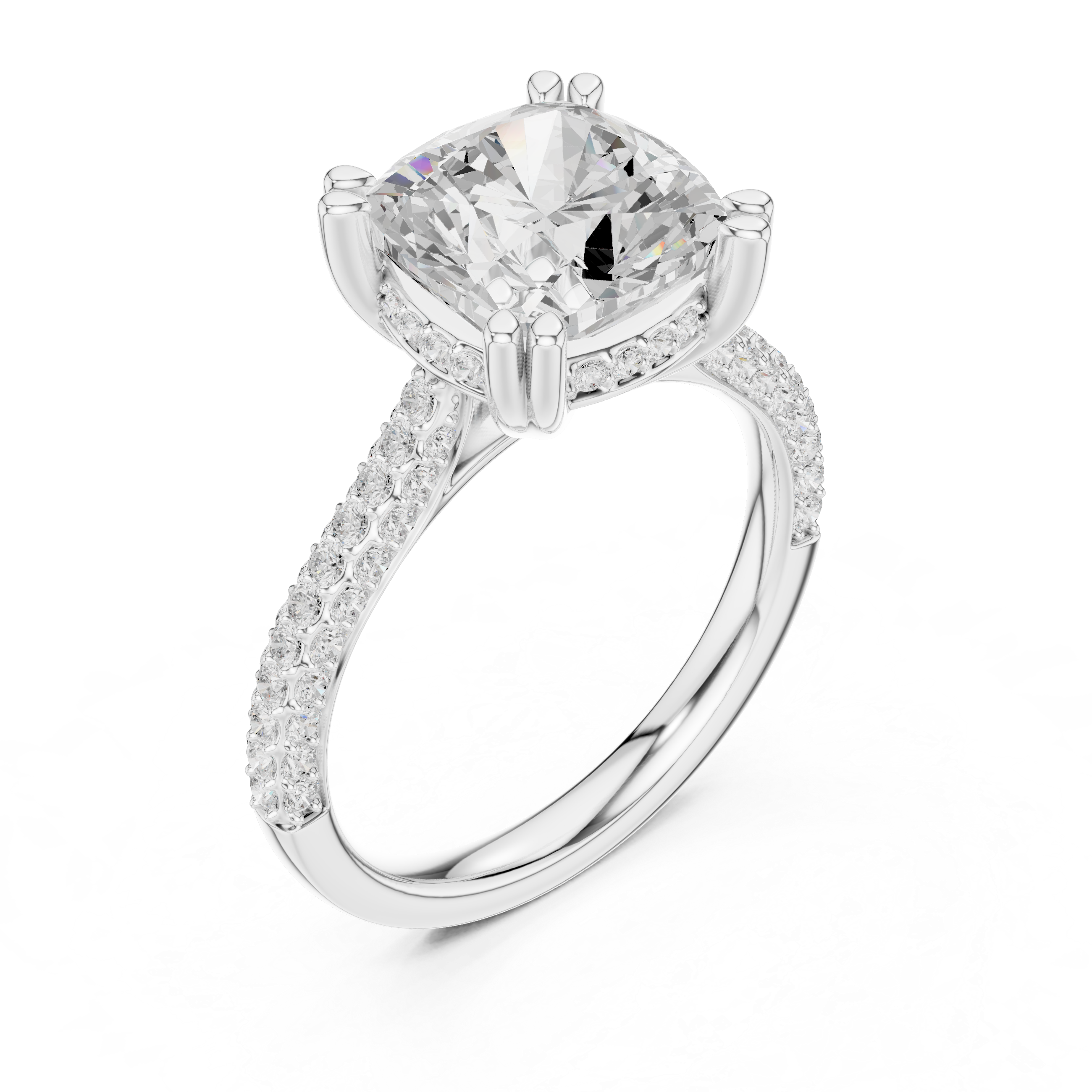 Cushion Cut Hidden Halo Double Pavé Diamond Engagement Ring
