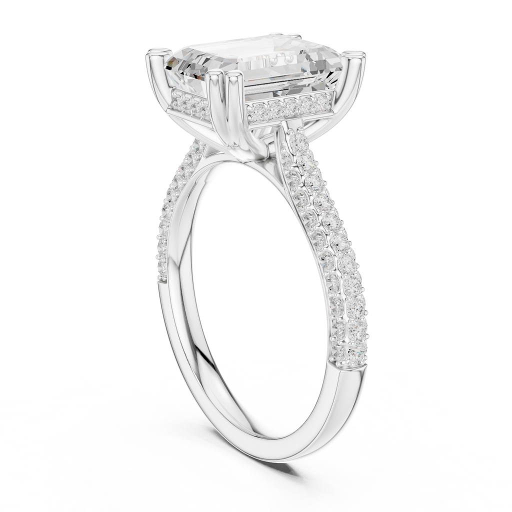 Emerald Cut Hidden Halo Double Pavé Diamond Engagement Ring