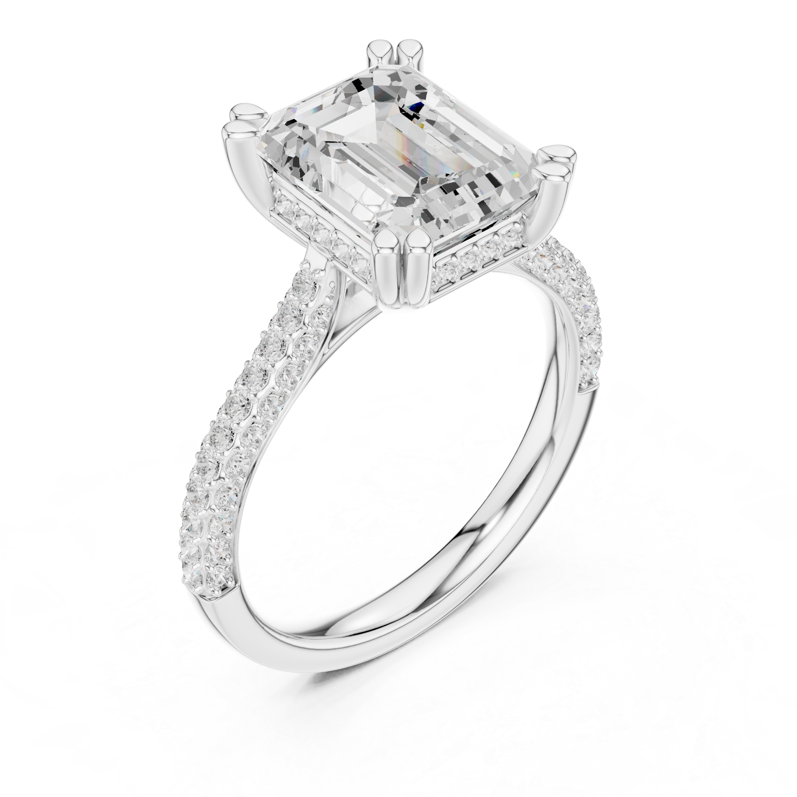 Emerald Cut Hidden Halo Double Pavé Diamond Engagement Ring