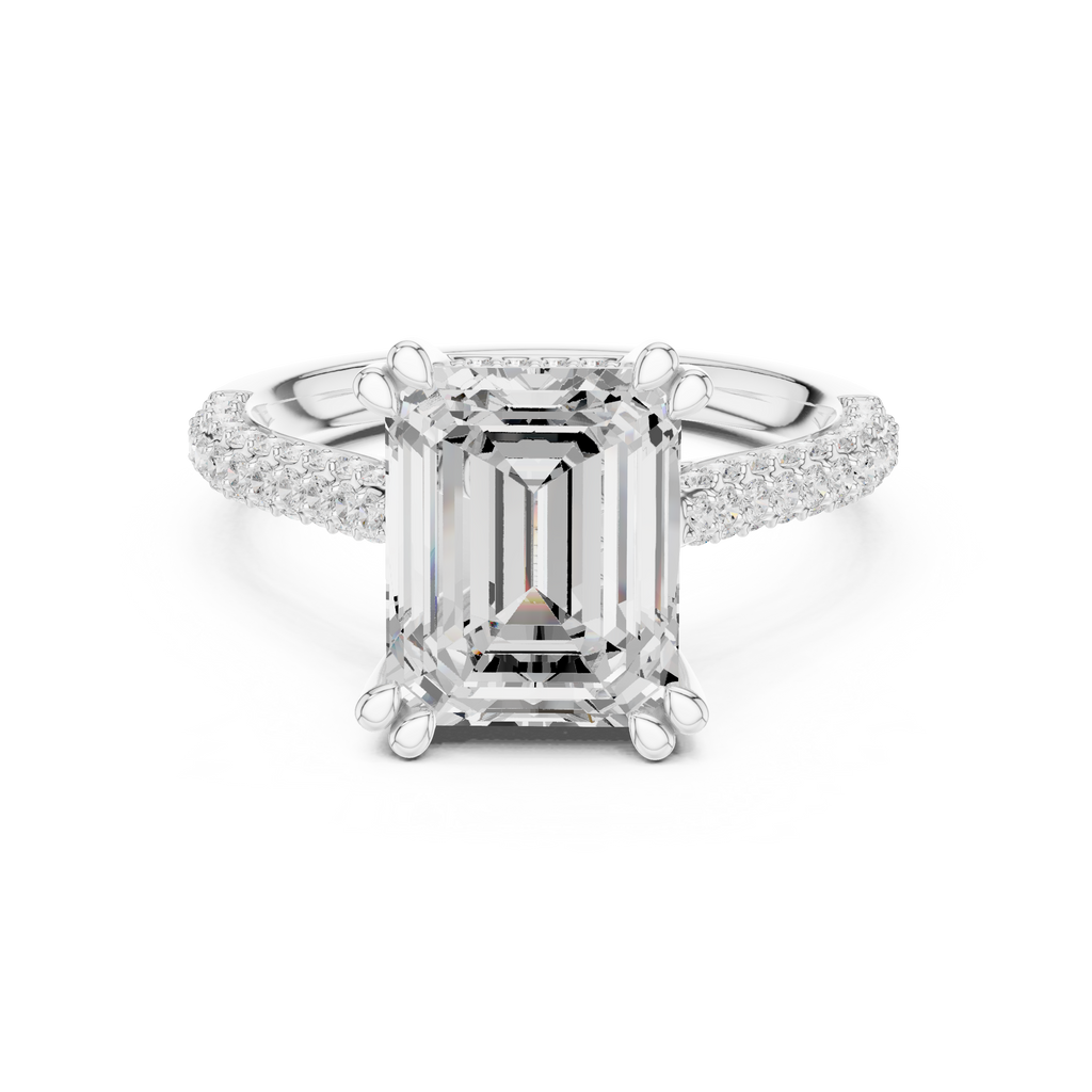 Emerald Cut Hidden Halo Double Pavé Diamond Engagement Ring