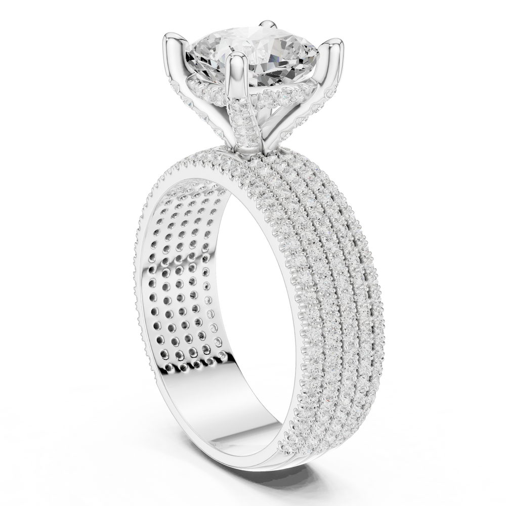 Cushion Cut Diamond Hidden Halo Multi-Row Pavé Engagement Ring