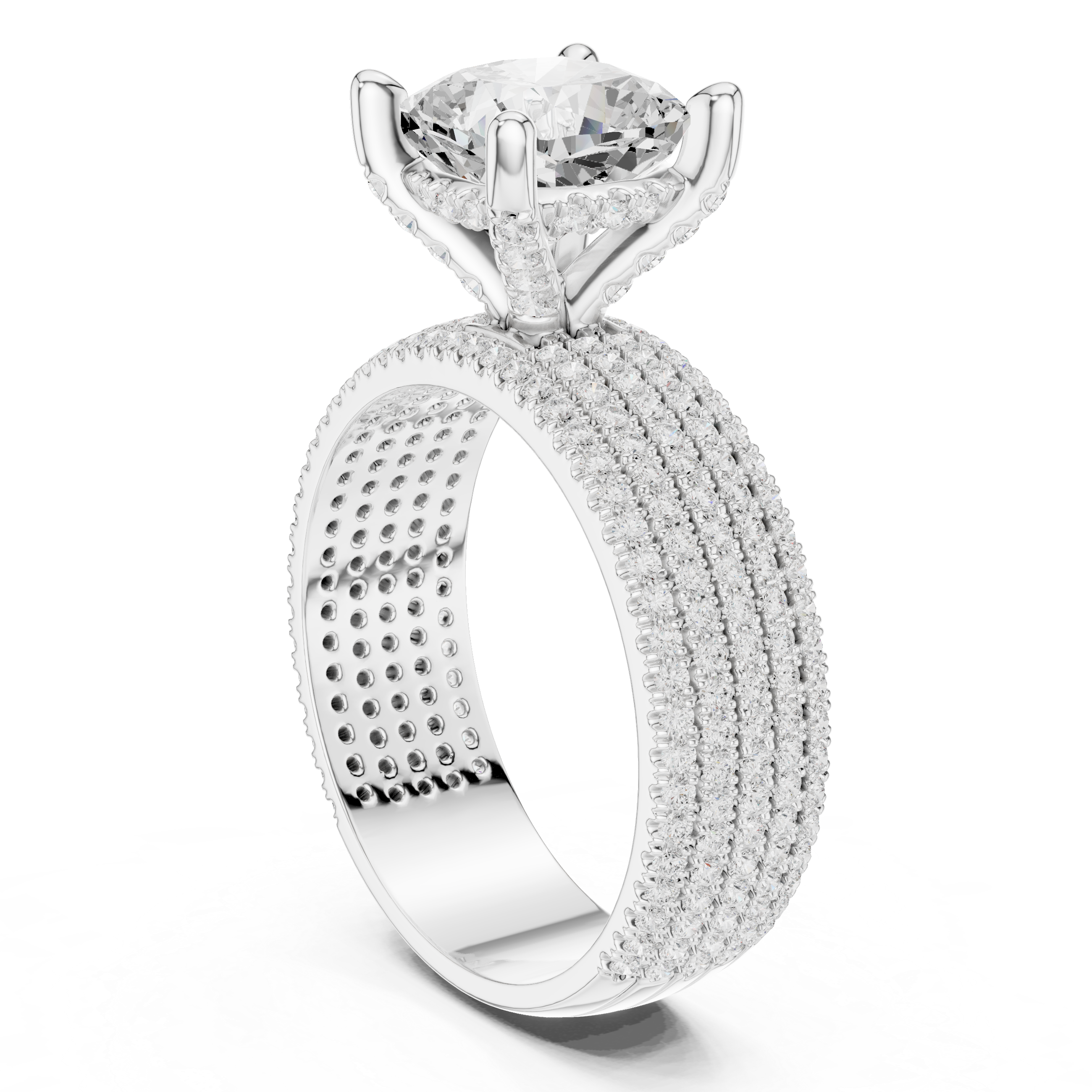 Cushion Cut Diamond Hidden Halo Multi-Row Pavé Engagement Ring