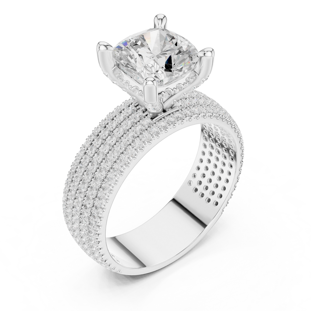 Cushion Cut Diamond Hidden Halo Multi-Row Pavé Engagement Ring