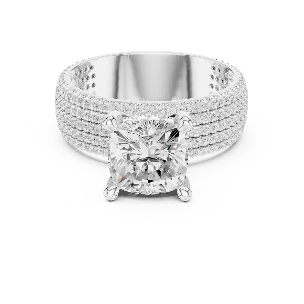 Cushion Cut Diamond Hidden Halo Multi-Row Pavé Engagement Ring