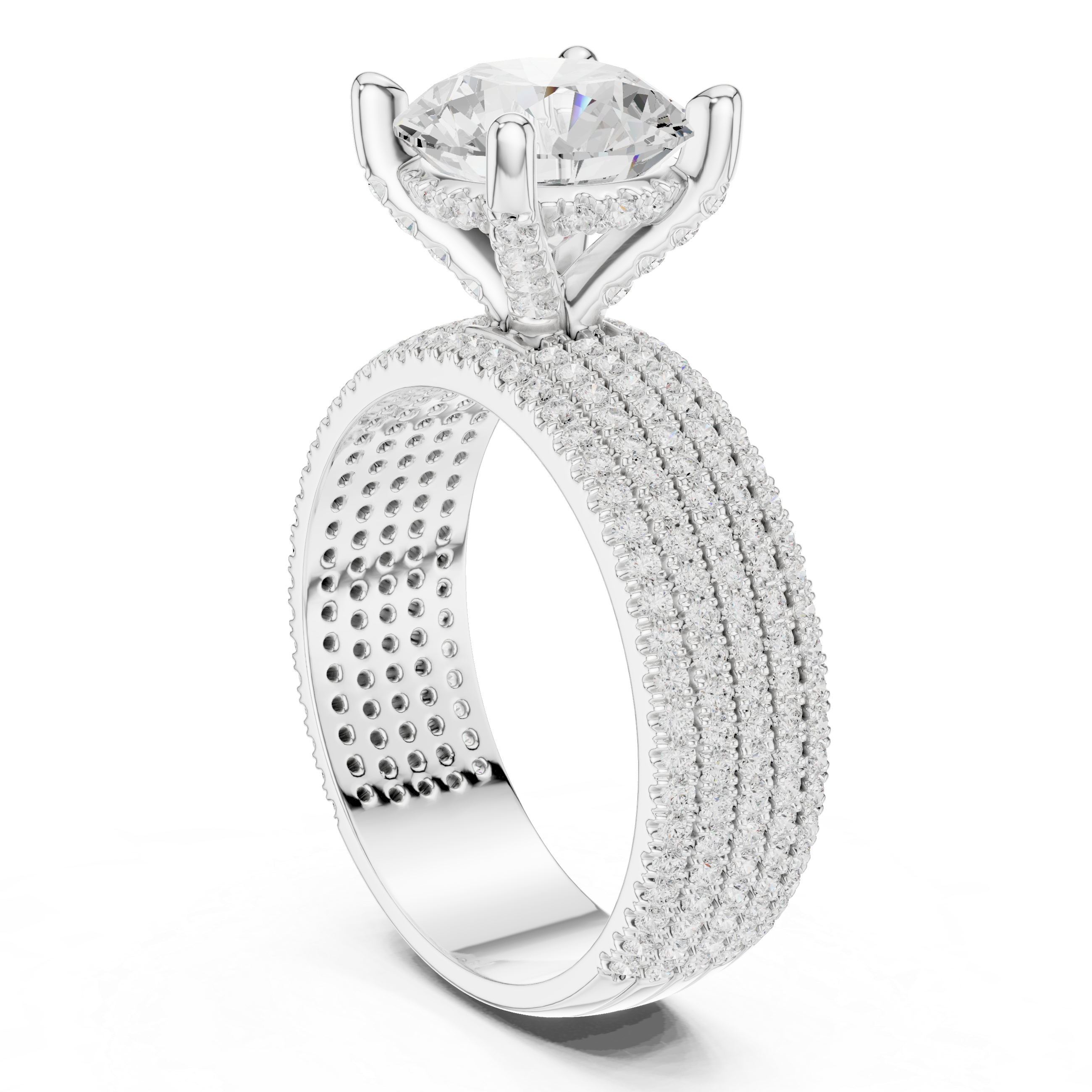 Round Brilliant Diamond Multi-Row Pavé Wide Band Engagement Ring