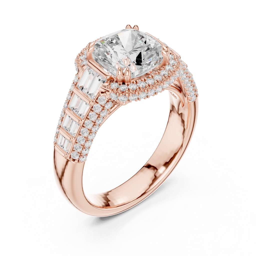 Cushion Cut Diamond Double Halo Baguette Engagement Ring