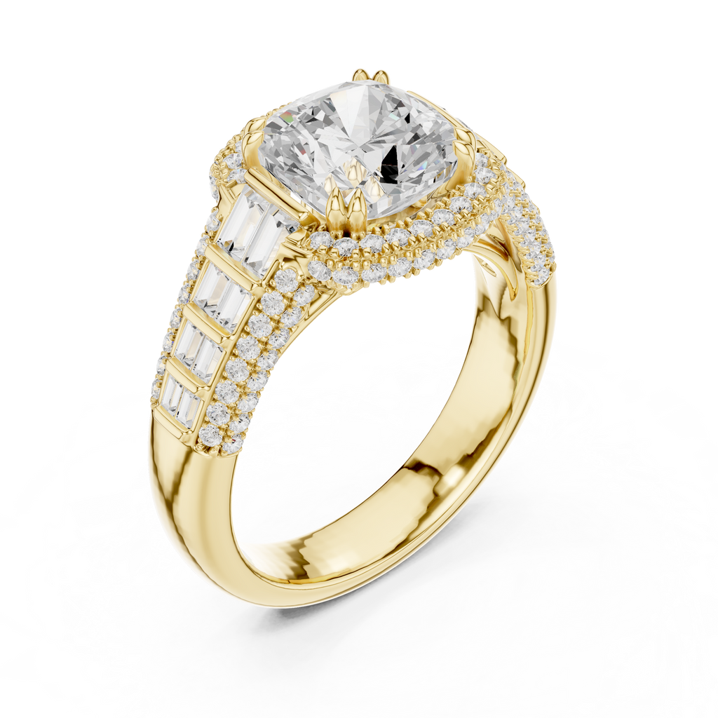 Cushion Cut Diamond Double Halo Baguette Engagement Ring