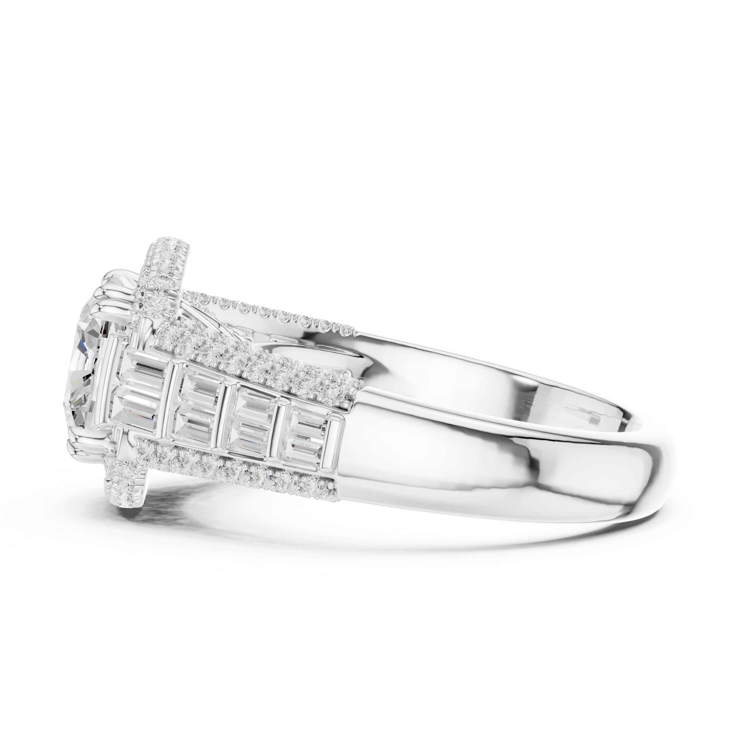 Cushion Cut Diamond Double Halo Baguette Engagement Ring