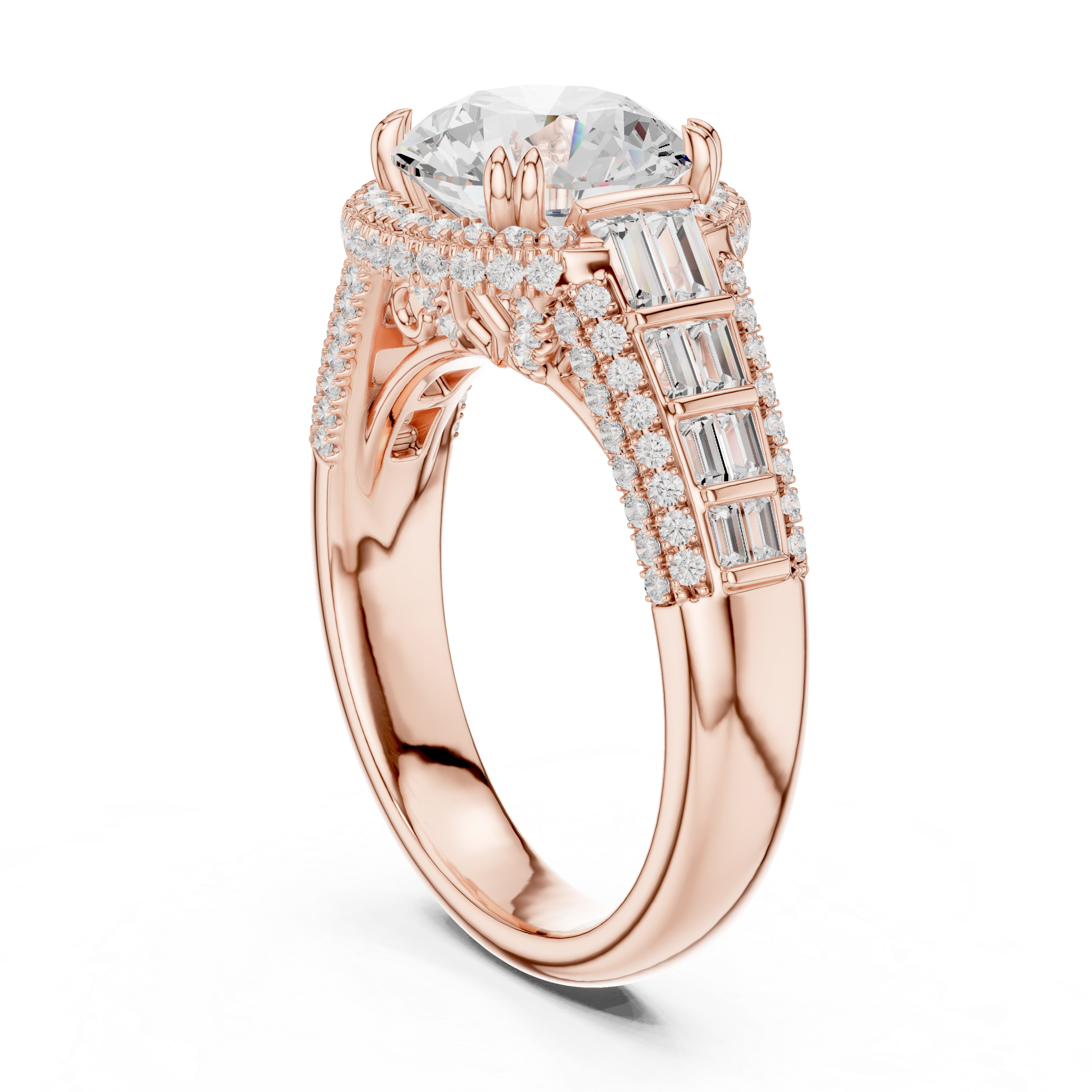 Round Cut Diamond Double Halo Baguette Engagement Ring