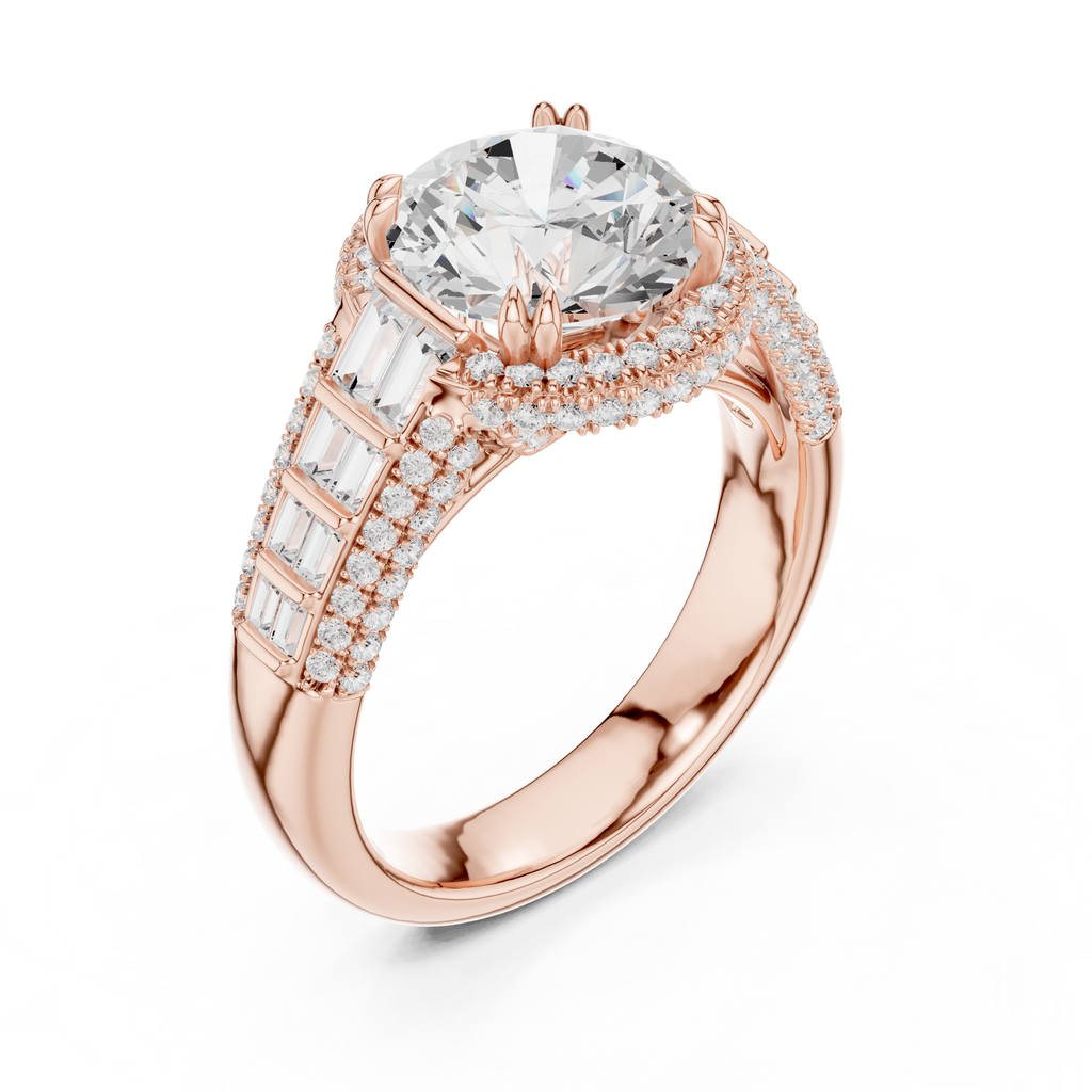 Round Cut Diamond Double Halo Baguette Engagement Ring