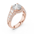 Round Cut Diamond Double Halo Baguette Engagement Ring