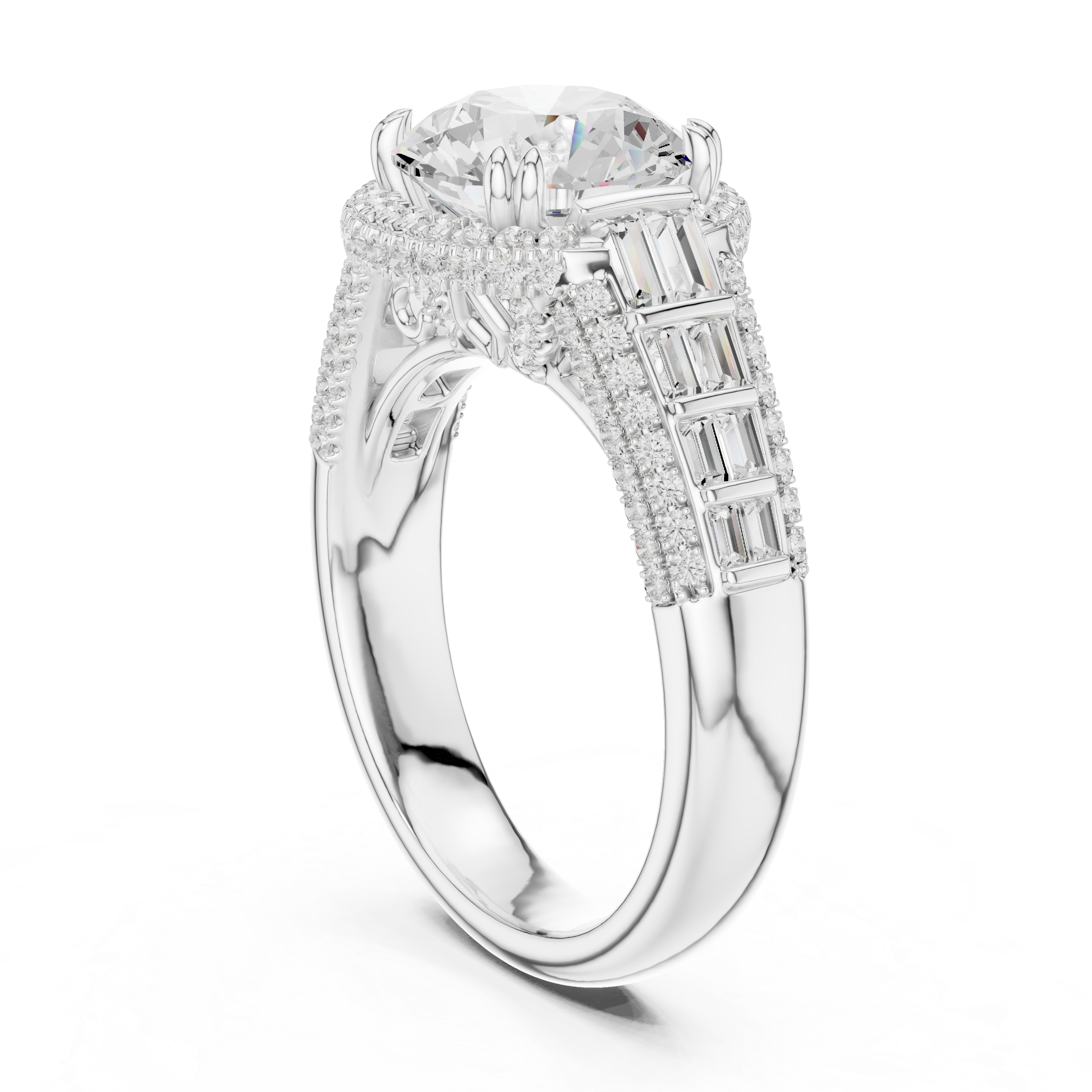 Round Cut Diamond Double Halo Baguette Engagement Ring