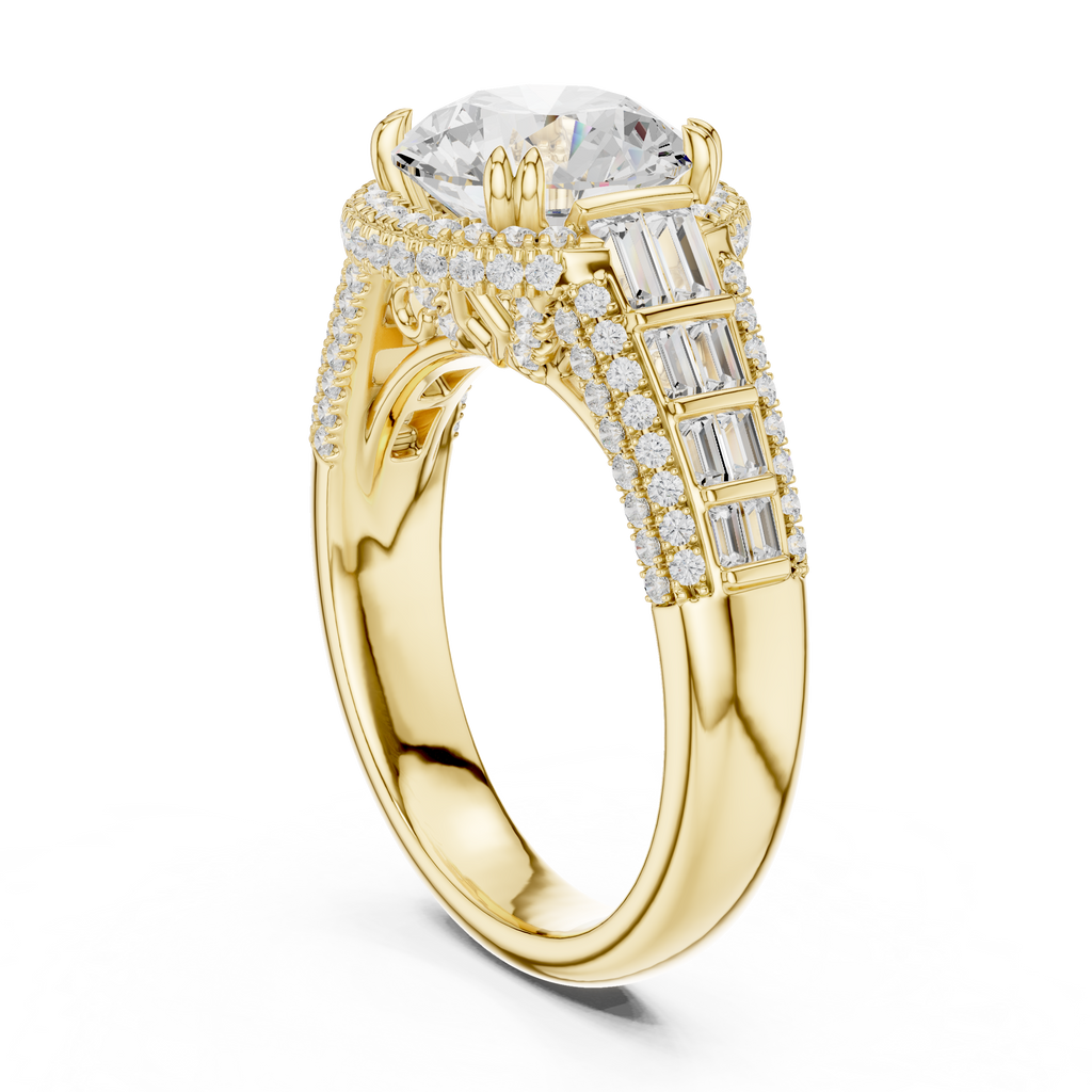 Round Cut Diamond Double Halo Baguette Engagement Ring