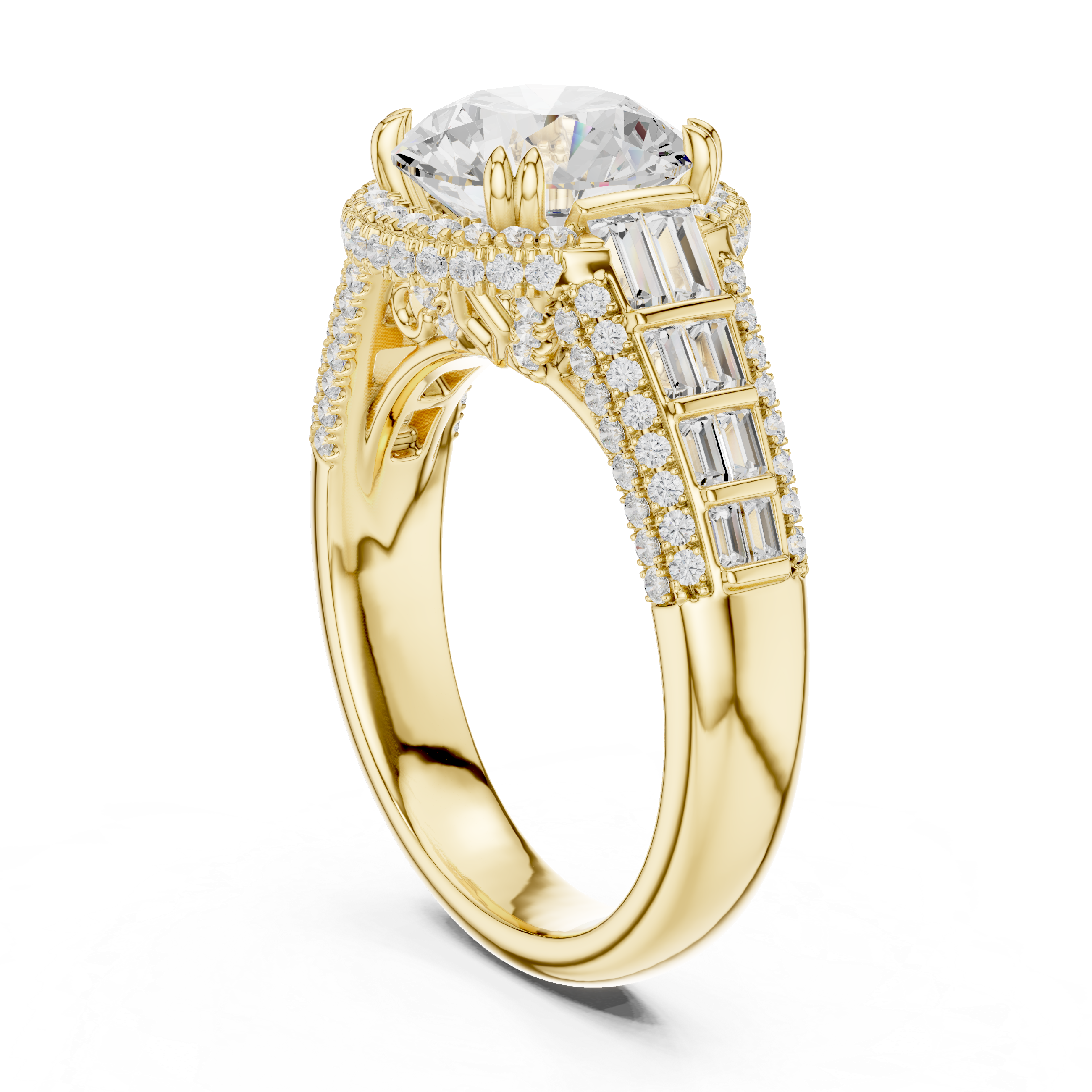 Round Cut Diamond Double Halo Baguette Engagement Ring