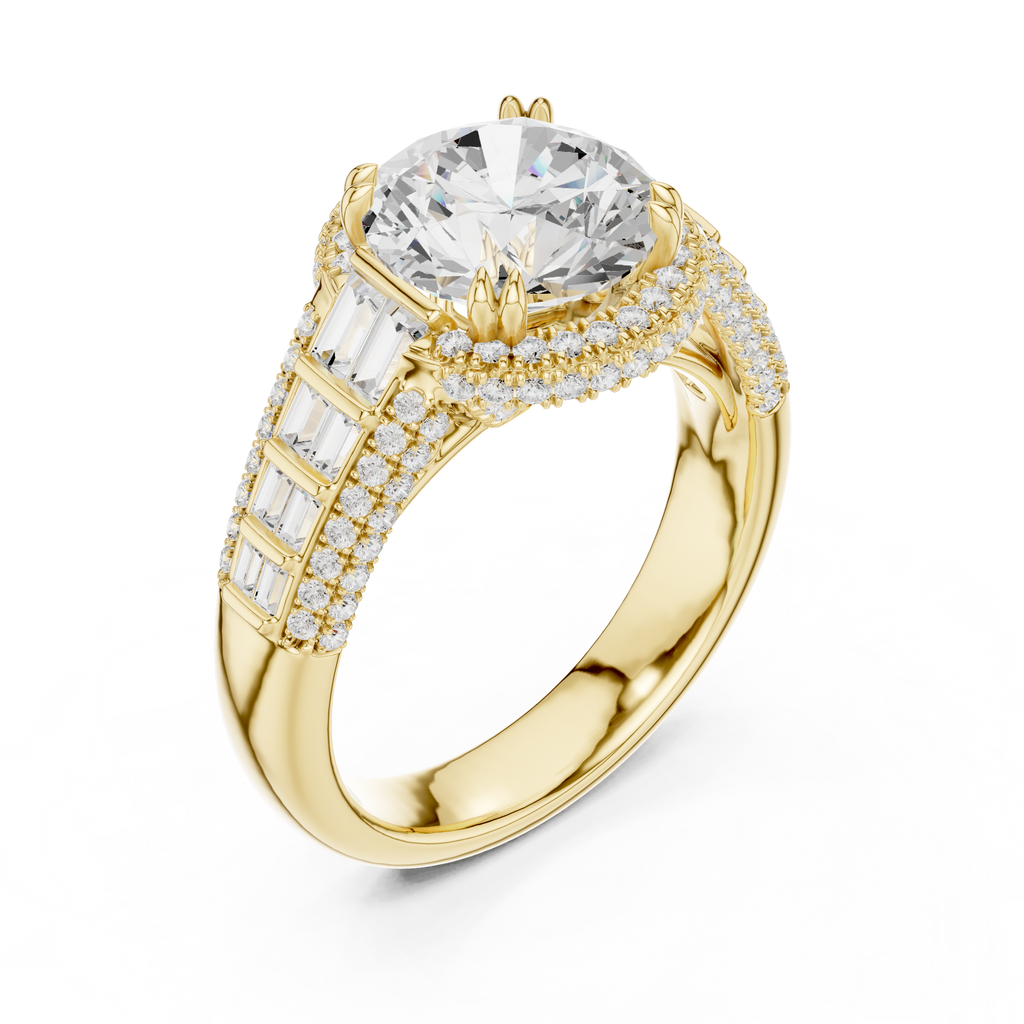 Round Cut Diamond Double Halo Baguette Engagement Ring