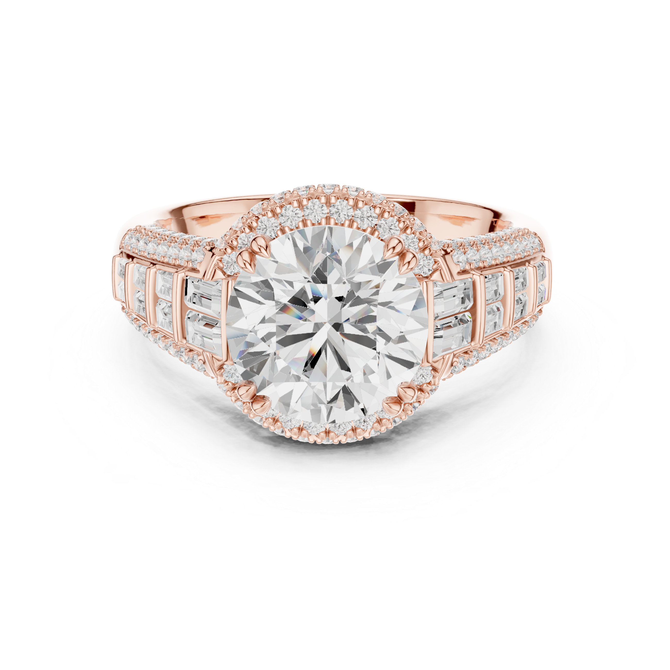Round Cut Diamond Double Halo Baguette Engagement Ring
