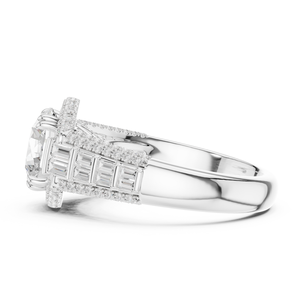 Round Cut Diamond Double Halo Baguette Engagement Ring