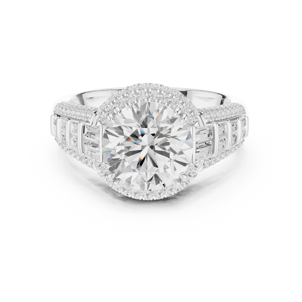 Round Cut Diamond Double Halo Baguette Engagement Ring