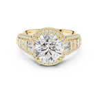 Round Cut Diamond Double Halo Baguette Engagement Ring