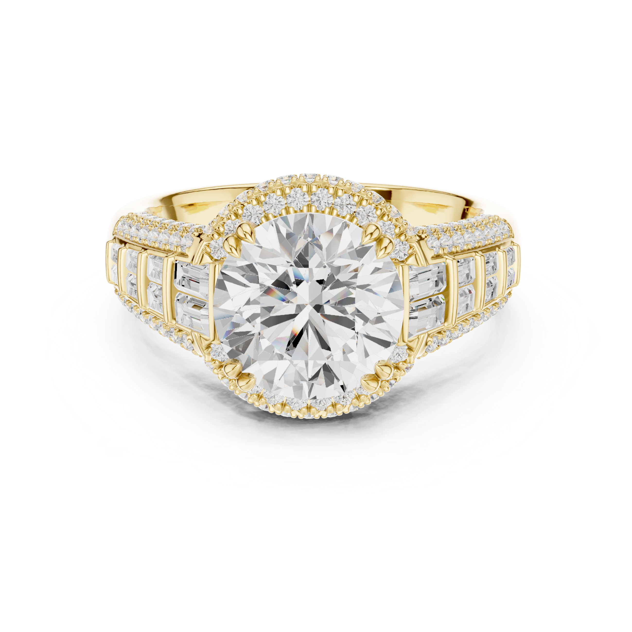 Round Cut Diamond Double Halo Baguette Engagement Ring