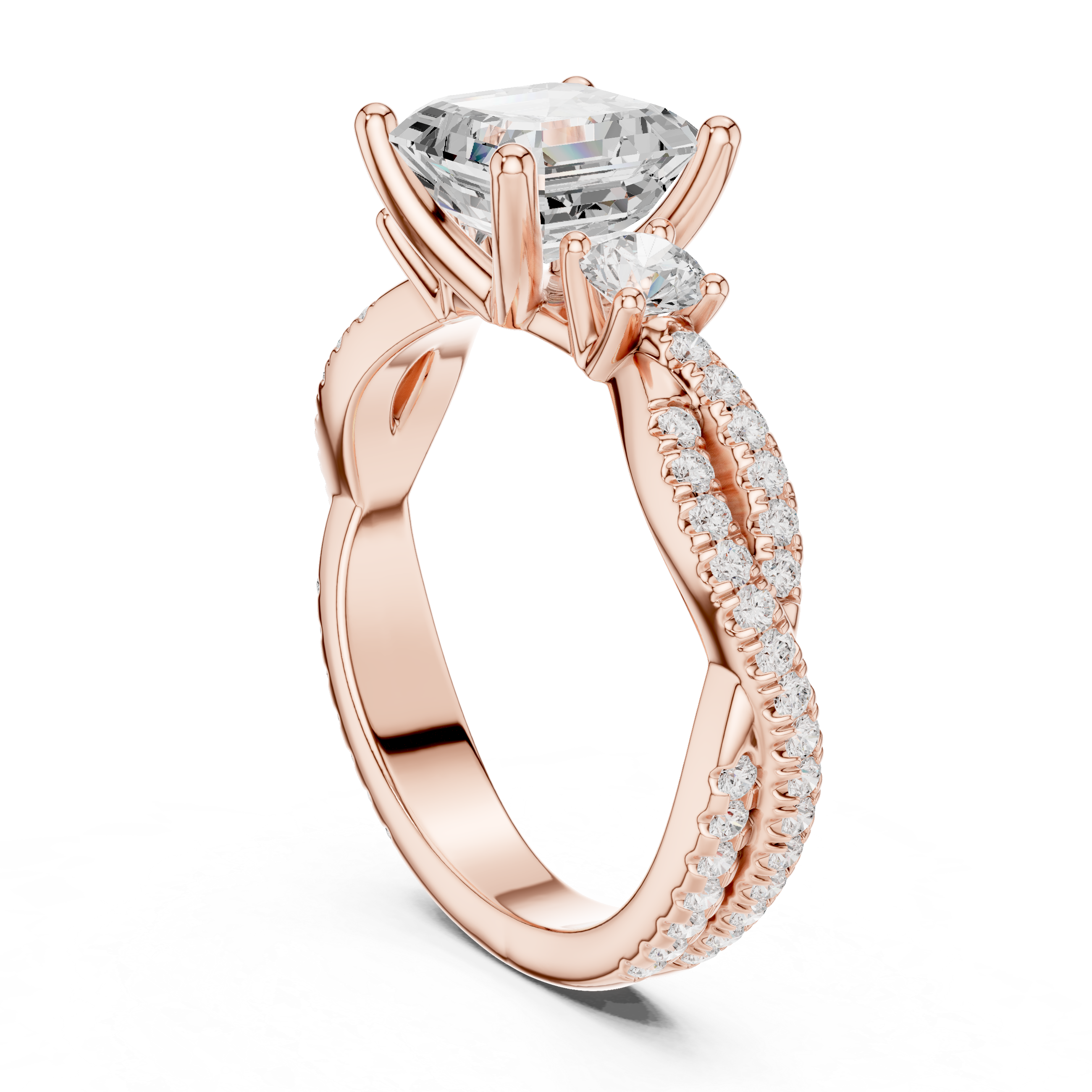 2.78 CT Asscher Cut Three Stone Twisted Diamond Engagement Ring