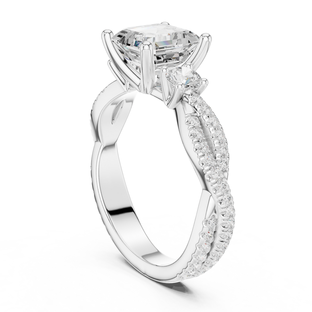 2.78 CT Asscher Cut Three Stone Twisted Diamond Engagement Ring