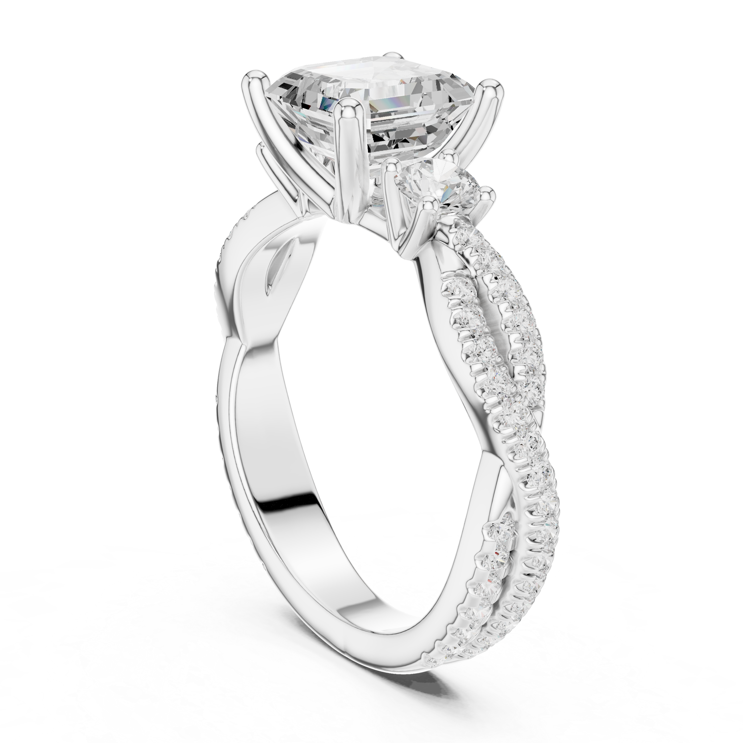 2.78 CT Asscher Cut Three Stone Twisted Diamond Engagement Ring