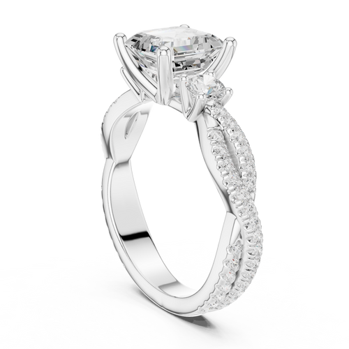 Asscher Cut Three Stone Twisted Pavé Diamond Engagement Ring