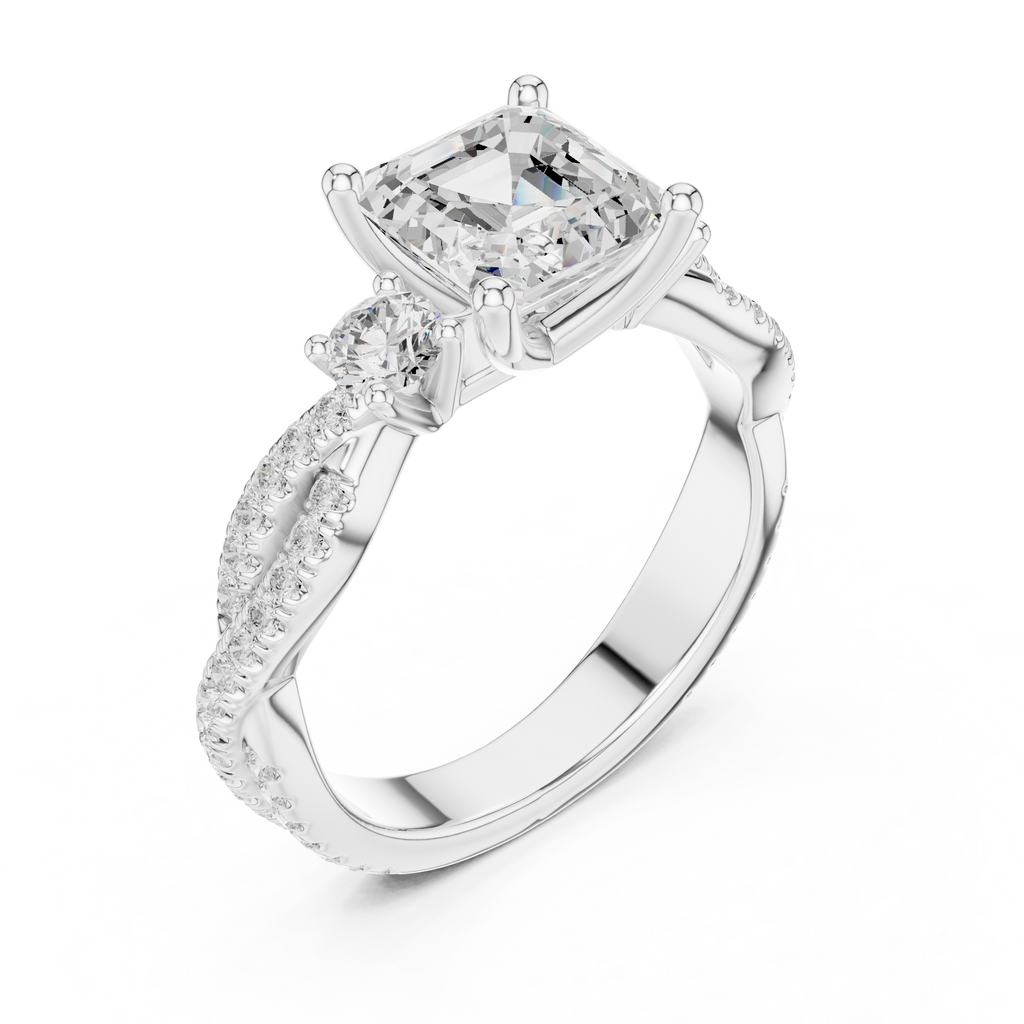 Asscher Cut Three Stone Twisted Pavé Diamond Engagement Ring