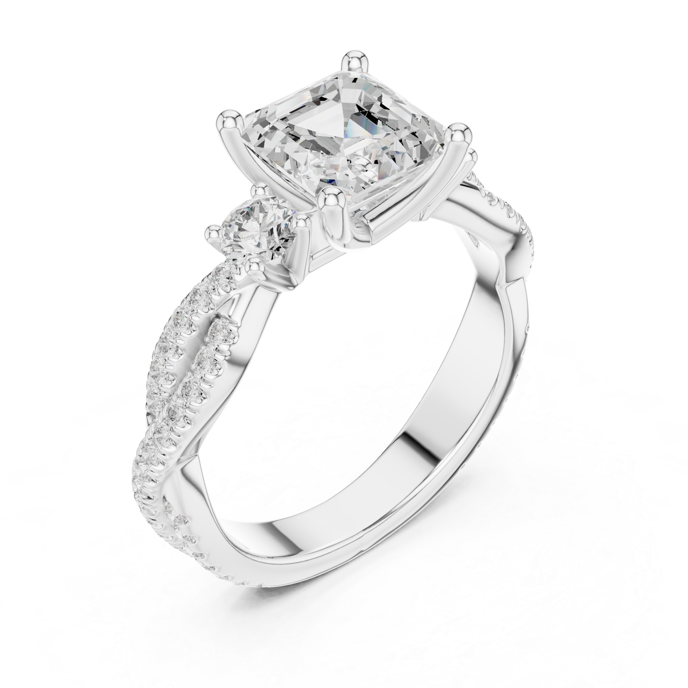 Asscher Cut Three Stone Twisted Pavé Diamond Engagement Ring