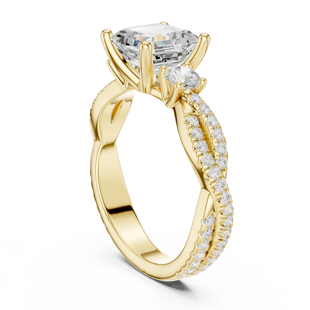 Asscher Cut Three Stone Twisted Pavé Diamond Engagement Ring