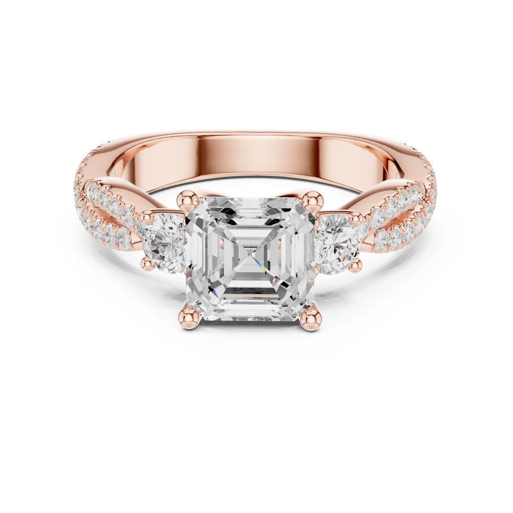 Asscher Cut Three Stone Twisted Pavé Diamond Engagement Ring