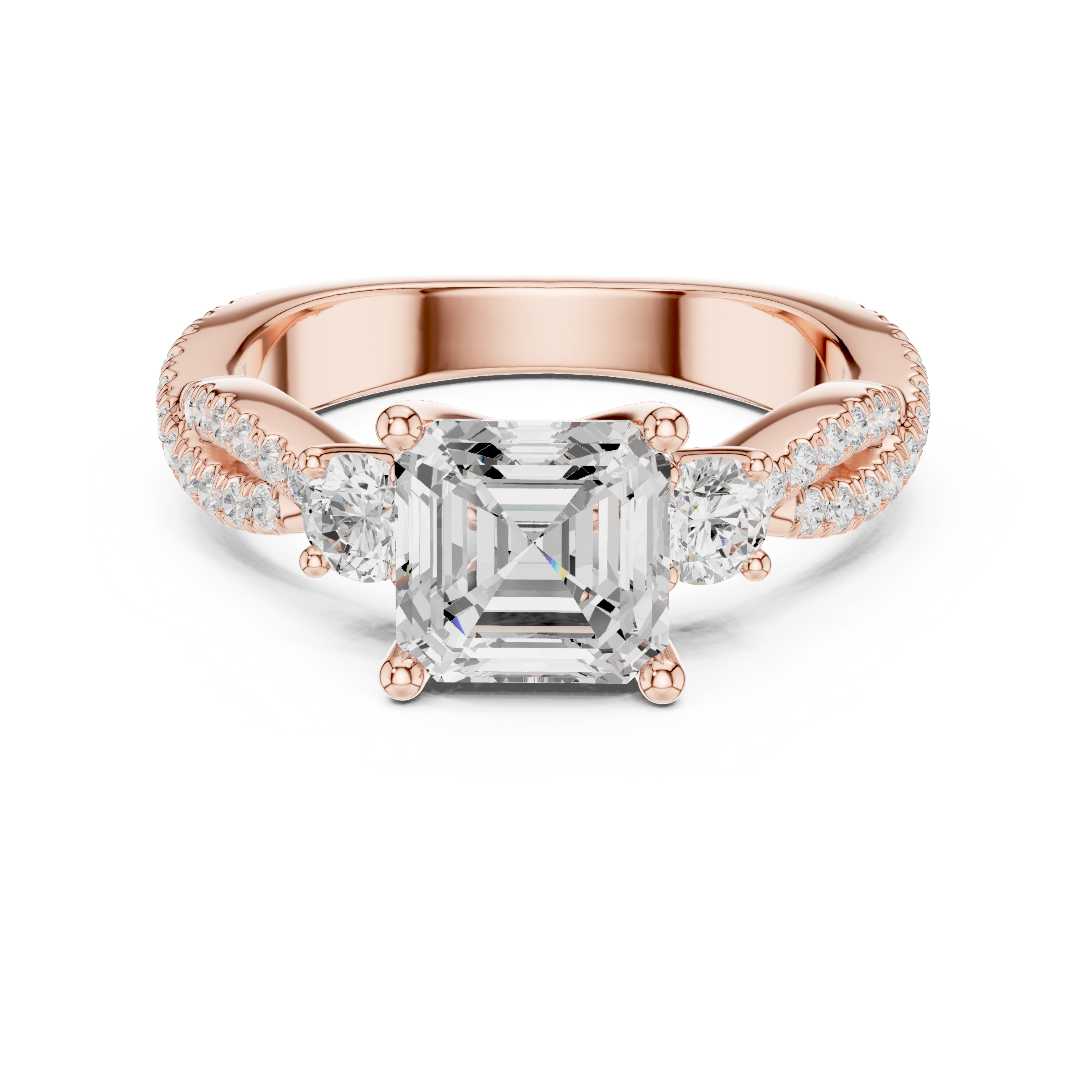 Asscher Cut Three Stone Twisted Pavé Diamond Engagement Ring