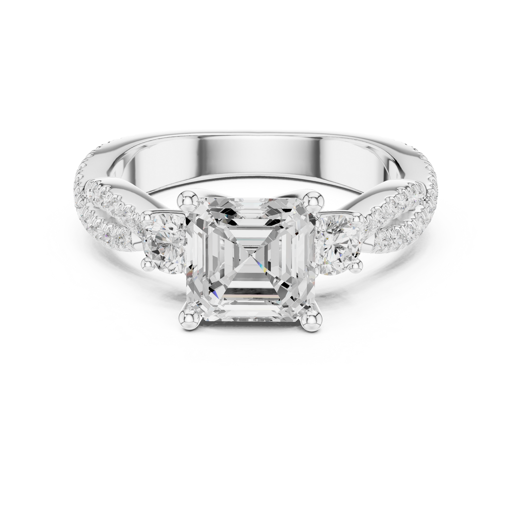 Asscher Cut Three Stone Twisted Pavé Diamond Engagement Ring