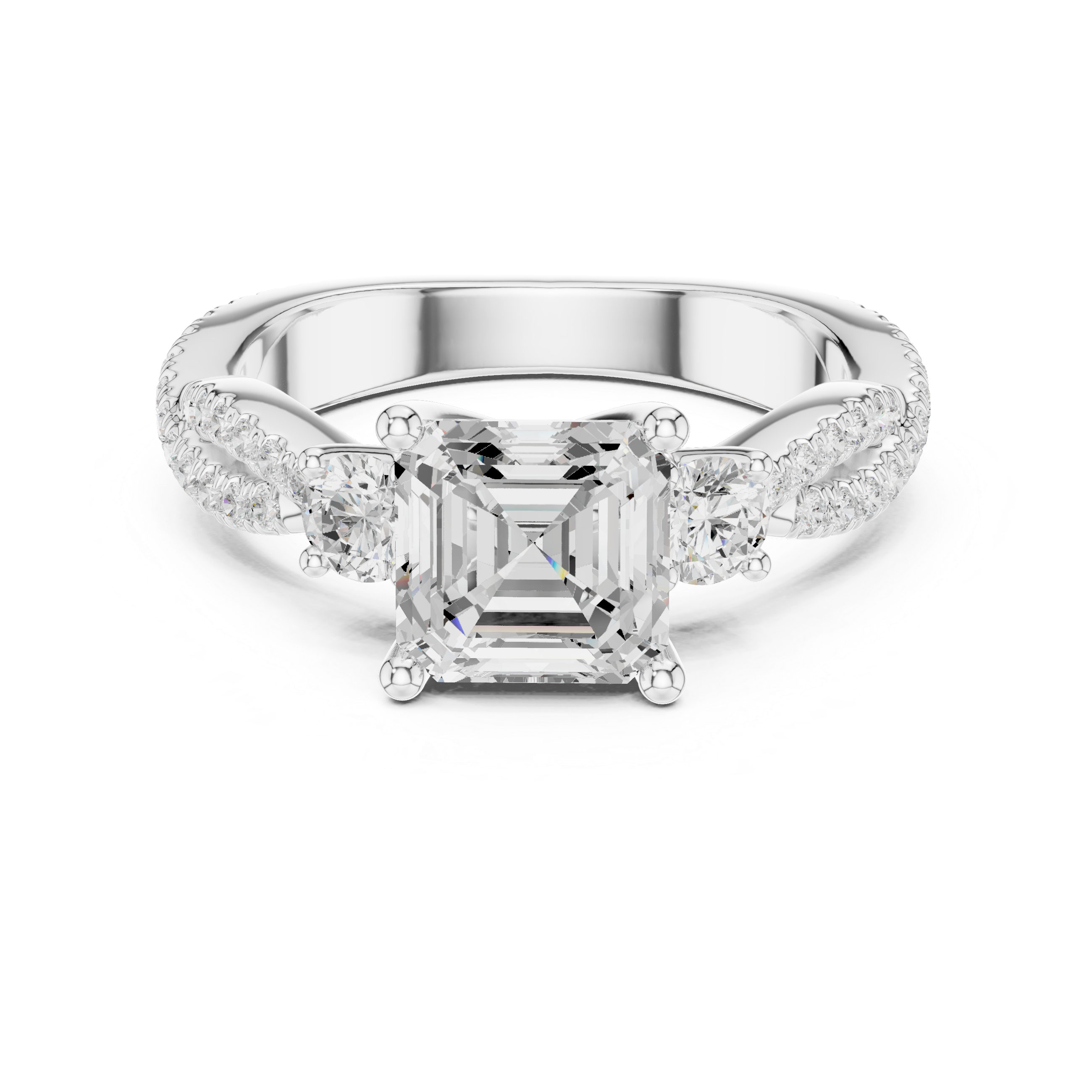 Asscher Cut Three Stone Twisted Pavé Diamond Engagement Ring